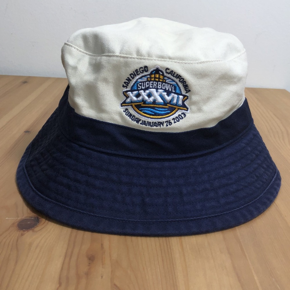 Reebok Super Bowl XXXVII NFL Bucket Hat Adult One Size Cream Navy Football 2003